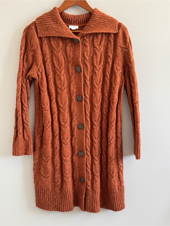 J. Jill Sweaters - J.Jill Petite S Cable Knit Long Cardigan Sweater Rust Orange Wool Blend